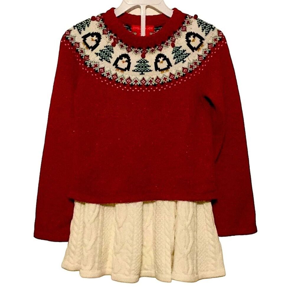 JINGLES & JOY Gils's Sz 4T Set Sweater & Skirt Penguins Cable Knit Red Cream